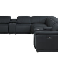 Black Italian Leather Power Recline L Shape Eight Piece Corner Sectional With Console