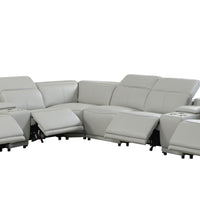 Light Gray Italian Leather Power Recline L Shape Eight Piece Corner Sectional With Console