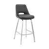 26" Elegant Grey Faux Leather Counter Stool with Stainless Steel Frame