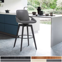 26" Luxurious Grey Faux Leather and Black Wood Swivel Bar Stool