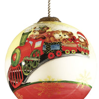 Teddy on Toy Train Hand Painted Mouth Blown Glass Ornament