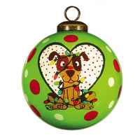 Charming Dog in a Heart Hand Painted Mouth Blown Glass Ornament