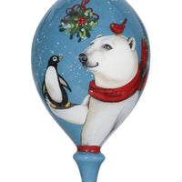 Snowy Polar Bear and Penguin Hand Painted Mouth Blown Glass Ornament