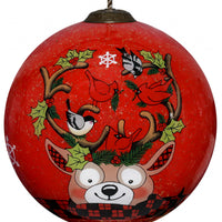 Reindeer with Plaids and Cardinals Hand Painted Mouth Blown Glass Ornament