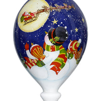 Snowmen Family Watching Santa on a Sleigh Hand Painted Mouth Blown Glass Ornament