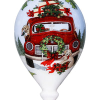 Puppy and Red Truck Christmas Wreath Hand Painted Mouth Blown Glass Ornament