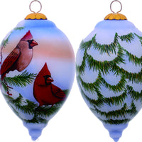 Perched Winter Cardinal Hand Painted Mouth Blown Glass Ornament