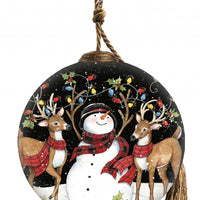 Snowman and Reindeer in Holiday Lights Hand Painted Mouth Blown Glass Ornament