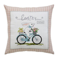 17" X 17" Light Pink Checkered Easter Bunny on Bicycle Throw Pillow