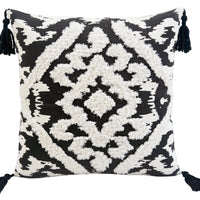 17" X 17" Black and White Textural Geometric Throw Pillow With Tassels