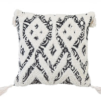 18" X 18" Black And White Ikat Zippered Polyester And Cotton Blend Throw Pillow With Tassels