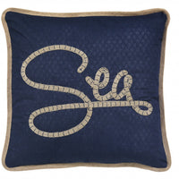 17" X 17" Navy Blue And Brown Text Zippered Polyester And Burlap Blend Throw Pillow With Embroidery