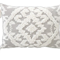 13" X 18" Grey And White Damask Zippered Polyester And Cotton Blend Throw Pillow With Tassels