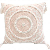 18" X 18" Peach And White Geometric Zippered Polyester And Cotton Blend Throw Pillow With Tassels