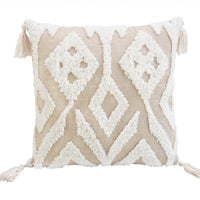 17" X 17" Beige And White Ikat Zippered Polyester Throw Pillow With Tassels