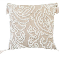 17" X 17" Beige And White Abstract Zippered Polyester Throw Pillow With Tassels