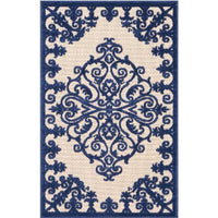 10' X 13' Navy Damask Non Skid Indoor Outdoor Area Rug