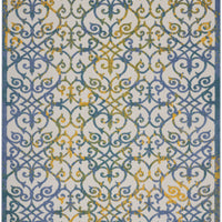 9' X 12' Ivory And Blue Damask Non Skid Indoor Outdoor Area Rug