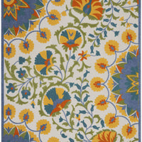 9' X 12' Blue Yellow And White Toile Non Skid Indoor Outdoor Area Rug