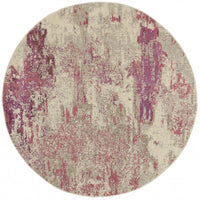 8' X 8' Ivory And Pink Round Abstract Power Loom Non Skid Area Rug