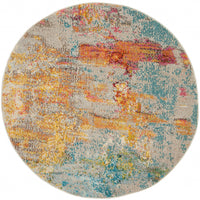 4' X 4' Ivory and Aqua Round Abstract Power Loom Non Skid Area Rug