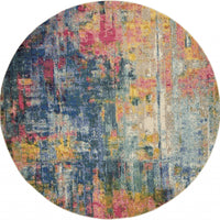 8' X 8' Blue And Yellow Round Abstract Power Loom Non Skid Area Rug