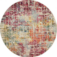 8' X 8' Pink Round Abstract Power Loom Distressed Non Skid Area Rug