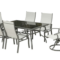 Seven Piece Black Rectangular Glass Dining Set With Six Chairs And Sideboard Included