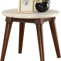 22" Walnut And White Faux Marble Round End Table