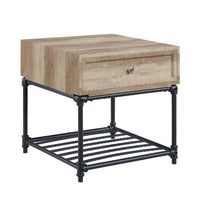 22" Sandy Black And Oak Manufactured Wood And Metal Square End Table With Drawer And Shelf