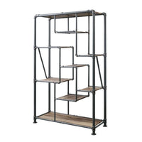 75" Antique Oak And Gray Metal Eight Tier Industrial Bookcase