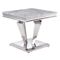 22" Silver And Light Gray Marble Look And Stainless Steel Square End Table