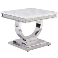 20" Silver And White Marble Look Stainless Steel Square End Table