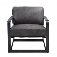 28" Gray Black Top Grain Leather And Steel Solid Color Arm Chair