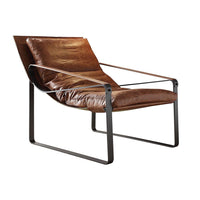 27" Brown Top Grain Leather And Steel Lounge Chair