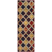 8' Red Blue Quatrefoil Power Loom Distressed Stain Resistant Runner Rug