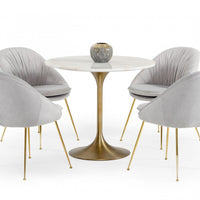 35" White And Gold Rounded Marble And Metal Dining Table