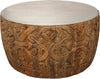 32" Natural Brown And White Wash Hand Carved Wood Round Coffee Table