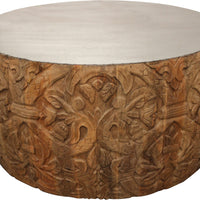 32" Natural Brown And White Wash Hand Carved Wood Round Coffee Table