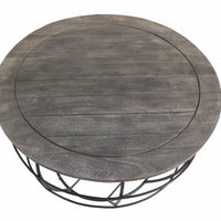 32" Gray Wash Solid Wood and Cast Iron Round Distressed Coffee Table