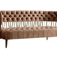 84" Beige Tufted Velvet and Gold Open Back Sofa