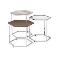 17" Chrome And Taupe Manufactured Wood And Metal Hexagon Nested Coffee Tables