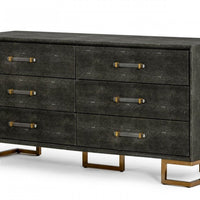 63" Grey Shagreen Faux Leather And Gold Six Drawer Double Dresser