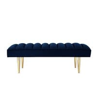 53" Navy Blue And Gold Upholstered Velvet Bench