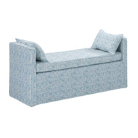 53" Blue And Black Upholstered Linen Floral Bench