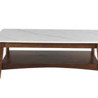 48" Walnut And White Stone Rectangular Coffee Table With Shelf