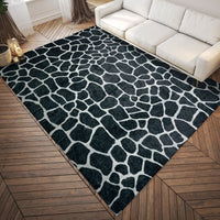 8' X 10' Black and White Croc Print Shag Handmade Non Skid Area Rug