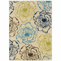 9' X 13' Ivory Floral Stain Resistant Indoor Outdoor Area Rug