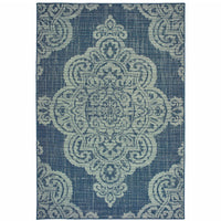 9' X 13' Navy Oriental Stain Resistant Indoor Outdoor Area Rug