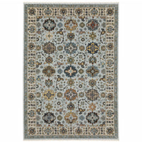 8' X 11' Blue Beige Grey Green Yellow And Rust Oriental Power Loom Stain Resistant Area Rug With Fringe